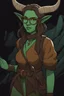 Placeholder: Dnd character with a long tail and small horns in a dark cave. A female Tiefling archeologist with light green skin, wearing glasses, in brown adventurer's clothes. Cunning, beautiful, cool.