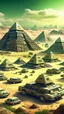 Placeholder: Ancient pyramids with homes around. People driving spaceships