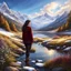 Placeholder: country side ,blue sky , snow on mountains, pretty clouds ,small rocky river with clear water small rocks in floor,wild flowers,beautiful Snow White, long shiny black curvy hair, wearing a burgundy sweater with the word Azerbeyjan written on it, in gold, work clothes, standing, super realistic Fairy lights, intricate detail, texture, depth, vividness, movement, namex, energy, bioluminescence, stunning, epic, ultra-detailed, 8K photography by Miki Asai Macro, close-up, extremely detailed, po