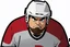 Placeholder: calvin angry pouting with head down wearing a hockey helmet, line art cartoon