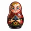 Placeholder: draw matryoshka dolls, the matryoshka is smiling, the kind sweet face of the matryoshka doll, behind the matryoshka Russian patterns in the style of Khokhloma, Khokhloma with gold and black flowers, in the hands of matryoshka blueberries