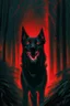 Placeholder: in the style of William Adolphe Bouguereau, a monstrous black hound with red, glowing eyes and sharp teeth, a wicked grin in a dark forest