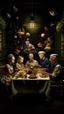 Placeholder: full shot of the astronauts family at a delirious celebration dinner in the Garden of Earthly Delights, small electric light bulbs on the table, birds on the table, grapes hanging, elegant and perfect composition, photo studio portrait, in the style of rembrandt