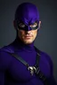 Placeholder: full-length, A portrait of a the Phantom, a man with piercing blue eyes, a chiseled jaw, goatee, timeless face, stern expression, Wearing a skintight formfitting purple cotton hero suit with a skintight cowl with a widows peak that fits tight to his head, but does not cover his face or his forehead , he wears a thin, black leather, bandit eye disguise over his eyes, black and blue diagonally striped trunks, dual-holstered pistol belt adorned with a triangle skull-shaped buckle, leg straps, boot