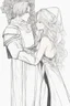 Placeholder: Couple from dnd kissing, woman with white hair wearing a dress, man with long black hair tunic and red cloak.