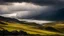 Placeholder: Mountainous landscape on Kerguelen island, dramatic sunlight, storm, inhospitable, wild, chiaroscuro, beautiful composition