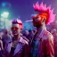 Placeholder: Ultra Realistic photo, medium shot view, drunken dancer women, carnival scene, steampunk. Pink hair, confeti, Sunglasses, smoking, happy, festival, red fog. highly detailed, concept art, unreal engine 5, ray tracing, RTX, lumen lighting, ultra detail, volumetric lighting, 3d, finely drawn, high definition, high resolution.