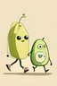 Placeholder: generate a cartoon of two characters, one is a plastic bag of sugar walking hand in hand with an avocado