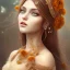 Placeholder: marigold goddess, beautiful face, long dress, brown hair, nordic