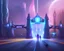 Placeholder: futuristic landscape of the tower gate in london, flying cars, robots, a couple walking their dog, blue and purple neon