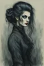 Placeholder: create full body oil pastel of a dark haired, savage, gothpunk vampire girl with highly detailed , sharply defined hair and facial features , in a foggy 19th century Moscow, in the style of JEAN-FRANCOIS MILLET