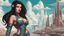 Placeholder: exotic sci-fi pin-up girl, with long dark hair, on an alien planet with cloud trees, tall spires and buildings