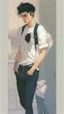 Placeholder: Teen man, black hair, perfect face, style of tomer hanuka, jeans, white, t-shirt, pompadour