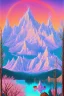 Placeholder:  mountain topped with pink ice-cream, lake, trees, mystical, Fauvism,