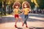 Placeholder: a cute chibi spanish man with short curly brown hair cropped at the back in yellow T-shirt and jeans with a cute chibi contented girl with long brown hair and brown eyes in a red elegant jumpsuit and red high heels, and a chibi girl with blonde brown hair in a beige dress dancing dynamically in Madrid in the Retino park, in candlelight, ethereal, cinematic postprocessing, airplane in the sky