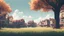 Placeholder: ASCII art style, a town, houses , tree, grass, clear sky, cinematic, blurred leaves in the foreground