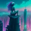 Placeholder: A mermaid perched atop a skyscraper, looking out at the towering neon buildings that jut out of the polluted, smog-filled horizon.