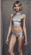 Placeholder: photography of a beautiful anorexic woman, silver satin top, sports illustrated, short wavy bob haircut, pronounced sternum