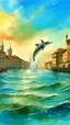 Placeholder: Dolphin jumping high in the city of Venice water, Bosch painting style