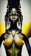Placeholder: A woman has dark skin, yellow eyes and black dreads. Her face show her superiority in the eyes of others. She is dressed in a steel armor with a few pieces of yellow and green fabric sticking out.