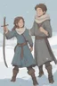 Placeholder: DnD style, two medieval peasant kids playing in the snow, female age 14 and male age 15, happy and playful, he has a short sword.