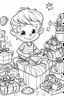 Placeholder: coloring page for kids, , cartoon style, thick outline, low details, no shading, no color, Kids unwrapping gifts on Christmas morning.