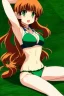 Placeholder: In the style of Rumiko Takahashi, hyper detailed, strikingly beautiful teen female, 16 years old, long ponytail, ginger hair, green eyes, medium freckles, full lips, full body, full face, b-cup breasts, athletic, centred camera, ignore NSFW, bikini, athletic, sitting,