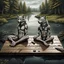 Placeholder: two anthropomorphic wolf-human hybrids in body hair lie exhausted and wet on their stomachs on two wooden boards next to a deep river, on the opposite bank in the distance, hour-long, thick-trunk trees are faintly visible, grass, mud, rain, high realistic, detailed, cinematic, sci-fi, digital art, dark fantasy mood