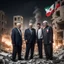 Placeholder: Hyper Realistic Arab countries leaders smiling devilish standing outside the rubble of a destroyed building in Gaza at night with Palestine flag behind