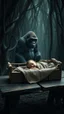 Placeholder: A gorilla standing wandering in the background of black vein, human veins, mixing together a lot of them, like a forest, big and small veins a lot of them, a baby sleeping in a crib covers with blankets on an old broken wooden table