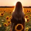 Placeholder: woman, back view, long brown dress, blond hair, sunflower field, sunset