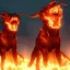 Placeholder: Cerberus, character-design, fire pouring from each mouth, full body, fiery dark skies in the underworld with Hades in the background, 8k, highly detail