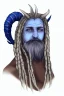 Placeholder: A tieffelin with blue skin and white Dreadlock hair. His pupil-less eyes are green. He wears a small beard. His horns are black and curved backwards. He wears a beige tunic.