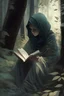 Placeholder: A short veiled girl is sitting in the woods alone and reading a book