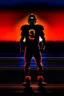 Placeholder: Silhouette of a football linebacker, the background on the left is red at the top and fading to black at the bottom, the background on the right is orange at the top and fading to dark navy blue at the bottom, background also has stadium lighting and the receding yard lines of a football field