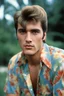 Placeholder: full color Portrait of 18-year-old Elvis Presley with medium length bob-styled blonde hair, a mustache, wearing a Hawaiian shirt and Bermuda shorts- well-lit, UHD, 1080p, professional quality, 35mm photograph by Scott Kendall