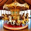 Placeholder: Antique circus carousel (merry go round) meticulously carved, with intricate details, showcasing a menagerie of life-size creatures moving in graceful rhythm, anatomically accurate mythological creatures like Griffins, unicorns with wings, along with large decorated rabnits, tigers, and black bears, hand painted with expressive, grotesque faces. fantastical creatures art style is flamboyant, magical, early 20th century, overexaggerated, realism, surrealistic atmosphere, grotesque, alive-like sc