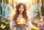 Placeholder: A beauty Fairy women with long Brown hairy,Crystal wings and sweety smile.She has a magic ball of light in the hands.the background Is a magic coloured Fairy foreste, with a kot of flowers, Butterfly in a Sunny day