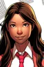 Placeholder: marvel panel with teenage, southeast asian spider-girl, with light skin, wavy, medium-length dark brown hair and brown eyes, and a pink and white suit