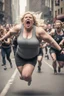 Placeholder: an obese terrified blonde woman in a crossfit outfit desperately running away from an angry mob of thousands of people chasing her down a city street while she is flailing her arms for dear life