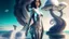 Placeholder: woman with dark hair in a silver robotic catsuit, standing on a futuristic alien beach with a crashed spaceship in the water, with mushrooms with octopus tentacles flying in the air