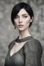 Placeholder: Scandinavian medieval woman with black short hair, pale skin, pretty lips, athletic