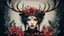 Placeholder: Daily Theme : Kehoe Andy Kehoe + Rococo perfect realistic illustrated flowers + diesel punk grunge, minimalist, multilayered, insane composition, rule of thirds, ink and pencil illustration perfect girl with antlers, minimalst background inspired by Tahlia Stanton and Brian Froud, berries, feathers,