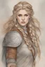 Placeholder: A drawing of beautiful woman with blond hair, viking braids, undercut. Brown leather armor.