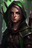 Placeholder: 35 year old rogue elf, thief assassin, messy Mauve hair, sparkling green eyes, glowing brown skin, black hood, black leather, messy, disheveled, trees, sneaky, bow and arrows, tall, skinny, friendly, stoner