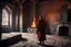 Placeholder: Interior of castle, warrior monk stands before the fireplace