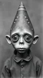 Placeholder: An old picture style of black and white mono very bad quality looks very old camera picture with cracks very ugly with h big wired eyes and cone head with h no hair , year 1900