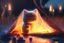 Placeholder: Against a dark cracked holographic marble background, a cute chibi plushy fluffy knitted and embroidered cat, tent, campfire, pond, mist and fog in sunshine, drawn in orange glowing neon lines. The cracks in the background are golden. Ethereal, cinematic postprocessing.