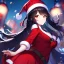Placeholder: Clear focus, high resolution, black long fluffy hair, red eyes, wearing a chrimstas outfit, wearing a red short skirt, wearing a santa hat