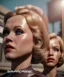 Placeholder: Ultra Realistic retro sci-fi movie Supermarket parking scene, 1960 year, waist up view portrait, 2 clones blonde women, sweet teenager Jane Fonda face, perfect iris, glow eyes, face makeup, tight latex coat, Scare people background, Retro sci-fi style, soft color, highly detailed, unreal engine 5, ray tracing, RTX, lumen lighting, ultra detail, volumetric lighting, 3d, finely drawn, high definition, high resolution.